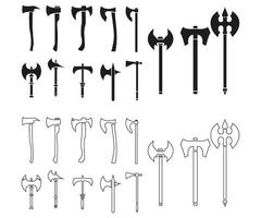 ascia silhouette icona vettore impostare, medievale Armi nel diverso stili illustrazione
