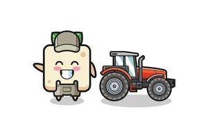 la mascotte del contadino di tofu in piedi accanto a un trattore vettore