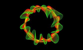 scienza, tecnologia, suono onda, e digitale comunicazione concetti. fluente Linee e puntini di verde e arancia cerchio onda modelli su un' nero sfondo. vettore