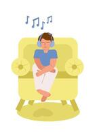 un' ragazzo con autismo con il suo occhi chiuso si siede nel un' morbido sedia, sorrisi e ascolta per musica su cuffie solo. rilassamento, meditazione, arte terapia, infanzia autismo. vettore colore illustrazione