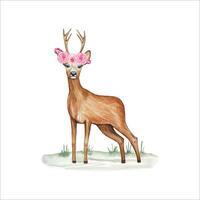 mano disegnato cervo con fiori su suo testa, acquerello illustrazione vettore