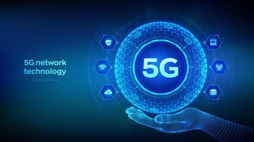 5g Rete senza fili sistemi, Internet di cose tecnologia concetto nel il forma di sfera con esagono griglia modello nel wireframe mano. 5g senza fili mobile Internet Wi-Fi connessione. vettore illustrazione.