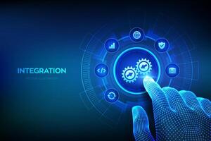 integrazione dati sistema. sistema integrazione concetto su virtuale schermo. industriale inteligente tecnologia. attività commerciale automazione soluzioni. wireframe mano toccante digitale interfaccia. vettore illustrazione.