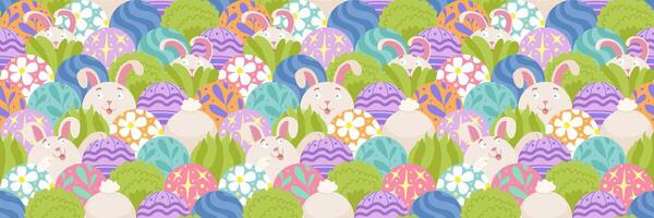 Pasqua coniglio senza soluzione di continuità modello. colorato Pasqua uova. fantasia uova con coniglietti, fiori. ornamentale maglia bilancia. adatto per saluto carte, striscione, tessili, sfondi. vettore piatto illustrazione.