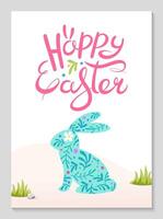semplice Pasqua manifesto con coniglio nel floreale modello. mano disegnato contento Pasqua scritta. semplice verticale saluto carta. festivo sfondo per inviti. popolare stile. vettore piatto illustrazione.