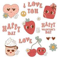 retrò Groovy amore elementi per san valentino giorno. hippie rosa romantico impostare, carino etichetta, divertente vettore personaggi forma di cuore, fragola, ciliegia, fiore nel tendenza 60s anni '70, freddo cartone animato illustrazione