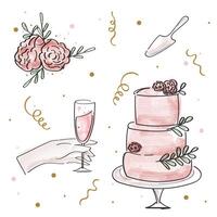 mano disegnato scarabocchio celebrazione impostare. vettore acquerello torte, fiori, Champagne, coriandoli.