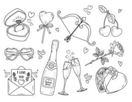 San Valentino giorno impostato di carino elementi. scarabocchio schizzi di romantico oggetti. colorazione pagina. vettore illustrazionewq2