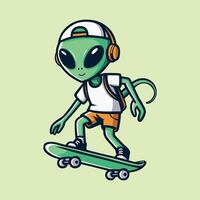 cartone animato alieno equitazione un' skateboard. isolato verde alieno andare con lo skateboard, illustrazione per tee t camicia vettore