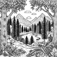 mano disegnato montagna e albero colorazione libro illustrazione. nero e bianca montagna schema illustrazione vettore