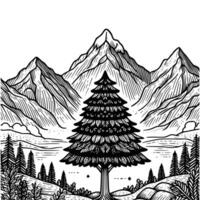 mano disegnato montagna e albero colorazione libro illustrazione. nero e bianca montagna schema illustrazione vettore