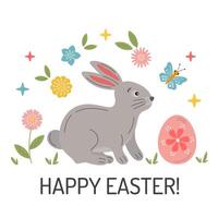 carino divertente Pasqua coniglietto, coniglio con uovo. contento Pasqua saluto carta. vacanza festivo illustrazione isolato su bianca. Pasqua concetto per invito, cartolina, manifesto, regalo etichetta. vettore