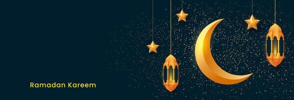 Ramadan kareem bandiera design. islamico sfondo con d'oro lanterne, stelle e mezzaluna Luna. vettore illustrazione