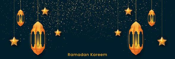 Ramadan kareem bandiera design. islamico celebrazione sfondo con d'oro lanterne, stella ornamenti vettore illustrazione