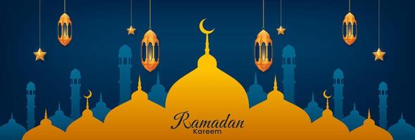 islamico Ramadan kareem sfondo design con oro lanterne e moschea. vettore illustrazione