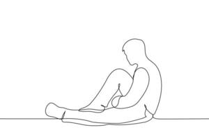 uomo si siede con il suo gamba teso fuori, piegato al di sopra di e sembra in il distanza - uno linea disegno vettore. concetto di riflessione, contemplazione, indugio, apatia vettore