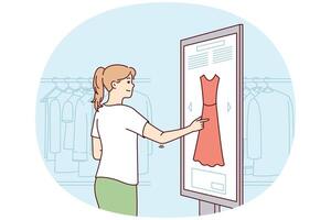 capi di abbigliamento memorizzare cliente donna uso digitale toccare pannello per Selezionare vestito adatto stile. vettore Immagine