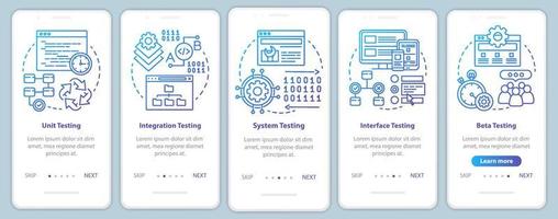 test del software funzionale onboarding modello vettoriale della schermata della pagina dell'app mobile. analisi di usabilità del programma. procedura dettagliata del sito Web con illustrazioni lineari. ux, ui, gui concetto di interfaccia per smartphone