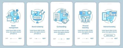 tipi di branding modello vettoriale della schermata della pagina dell'app mobile onboarding. personale, internet branding, co-branding. passaggi del sito Web di procedura dettagliata, illustrazioni lineari. ux, ui, gui concetto di interfaccia per smartphone