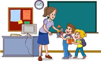bambini alunno dando mazzo di fiori per sua insegnante, piatto semplice illustrazione per contento insegnanti giorno. vettore