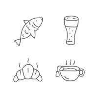 bevande con set di icone lineari snack. cibo delizioso, simboli di contorno linea sottile pasto dannoso e sano. pesce, birra, croissant e tè caldo isolato illustrazioni di contorno vettoriale. tratto modificabile vettore