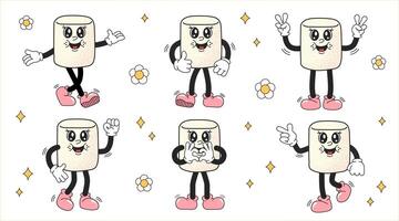 marshmallow personaggi nel di moda retrò cartone animato stile. impostato di marshmallow personaggi nel Groovy retrò stile. divertente vettore mascotte. vettore illustrazione isolato su bianca sfondo. Anni '70 hippy carattere.