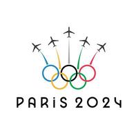 estate Olimpiadi logo con mostrare giri. Parigi 2024. aerei con colorato Fumo. internazionale multisport evento. vettore illustrazione isolato su bianca