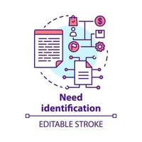 bisogno di icona del concetto di identificazione. analisi del mercato e dei consumatori. piano aziendale. illustrazione di linea sottile idea di gestione del progetto strategico. disegno vettoriale isolato profilo. tratto modificabile