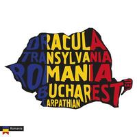 tipografia carta geografica silhouette di Romania nel nero e bandiera colori. vettore