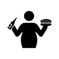 icona del glifo con sovrappeso e obesità. simbolo di sagoma. aumento del grasso corporeo. diabete. alimentazione e stile di vita non salutari. spazio negativo. illustrazione vettoriale isolato