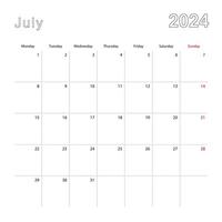 semplice parete calendario per luglio 2024 con tratteggiata Linee. il calendario è nel inglese, settimana inizio a partire dal lunedì. vettore