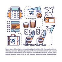 modello di vettore della pagina dell'articolo di volo economico. biglietti in classe economica. brochure, rivista, elemento di design opuscolo con icone lineari e caselle di testo. disegno di stampa. illustrazioni concettuali con spazio di testo