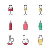 set di icone di bicchieri di cantina. diversi tipi di vino. caraffe, bottiglie, bicchieri. aperitivi, cocktail, bevande alcoliche. stoviglie per feste, bar, ristoranti. illustrazioni vettoriali isolate