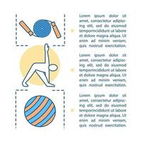 modello di vettore della pagina dell'articolo di fitness. uno stile di vita sano. attività fisiche, esercizi. allenamento, allenamento. brochure, riviste, opuscoli con caselle di testo. concetto di design di stampa