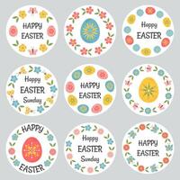 Pasqua badge e etichette vettore design elementi impostare. adesivi Pasqua modelli e ghirlanda di uova, fiori. contento Pasqua tipografia messaggi. Pasqua lettering floreale montatura e mano disegnato elementi.