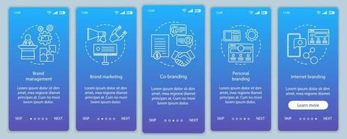 tipi di branding modello vettoriale della schermata della pagina dell'app mobile onboarding. commercializzazione del marchio. marchio personale, internet. passaggi del sito Web di procedura dettagliata, illustrazione lineare. ux, ui, gui concetto di interfaccia per smartphone