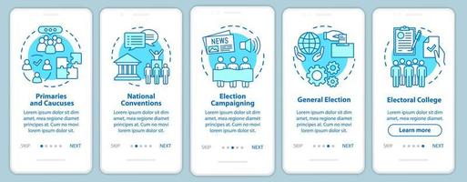 schermata della pagina dell'app mobile di onboarding delle elezioni con concetti lineari. politica ed eventi sociali. cinque passaggi illustrativi istruzioni grafiche. ux, ui, gui modello vettoriale con illustrazioni