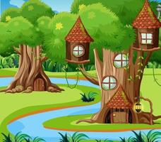 sfondo foresta fantasia con case sugli alberi vettore