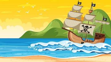 oceano con nave pirata alla scena del tramonto in stile cartone animato vettore