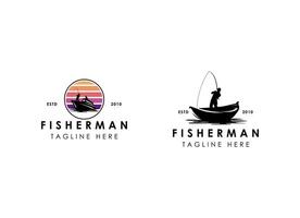 pescatore nel barca logo design. Vintage ▾ pesca logo design vettore