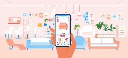 negozio mobilia e casa elettrodomestici con smartphone applicazione a memorizzare divano tavolo sedia Consiglio dei ministri lampada vettore