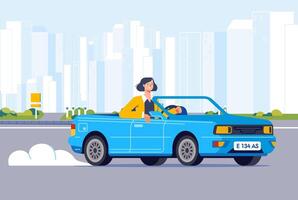 donna d'affari guida cabriolet auto su strada attraverso sobborgo lungo paesaggio urbano edifici vettore