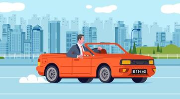 uomo d'affari guida cabriolet auto su strada attraverso sobborgo lungo paesaggio urbano edifici vettore