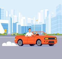 uomo guida cabriolet auto su strada attraverso sobborgo lungo paesaggio urbano edifici vettore