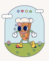 Pizza retrò personaggio portafortuna vecchio Vintage ▾ di moda mano disegnare divertente scarabocchio comico collezione vettore