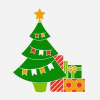 illustrazione di un' Natale albero decorato con bandiere e un' stella. i regali nascosto sotto il albero. vettore