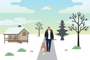 uomo a piedi con cane nel il parco. vettore illustrazione nel piatto stile