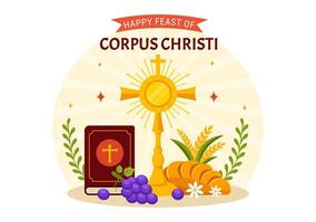 corpus cristo cattolico religioso vettore illustrazione con festa giorno, attraverso, pane e uva nel vacanza celebrazione piatto cartone animato sfondo