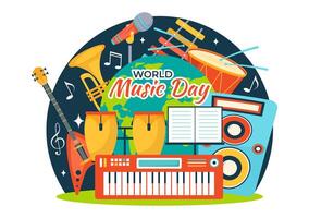 mondo musica giorno vettore illustrazione su 21 giugno con vario musicale strumenti e Appunti nel piatto cartone animato sfondo design