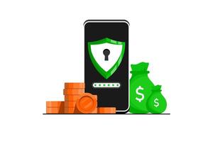 sicurezza sicuro finanziario applicazione concetto, smartphone con oro moneta su isolato sfondo, digitale marketing illustrazione. vettore
